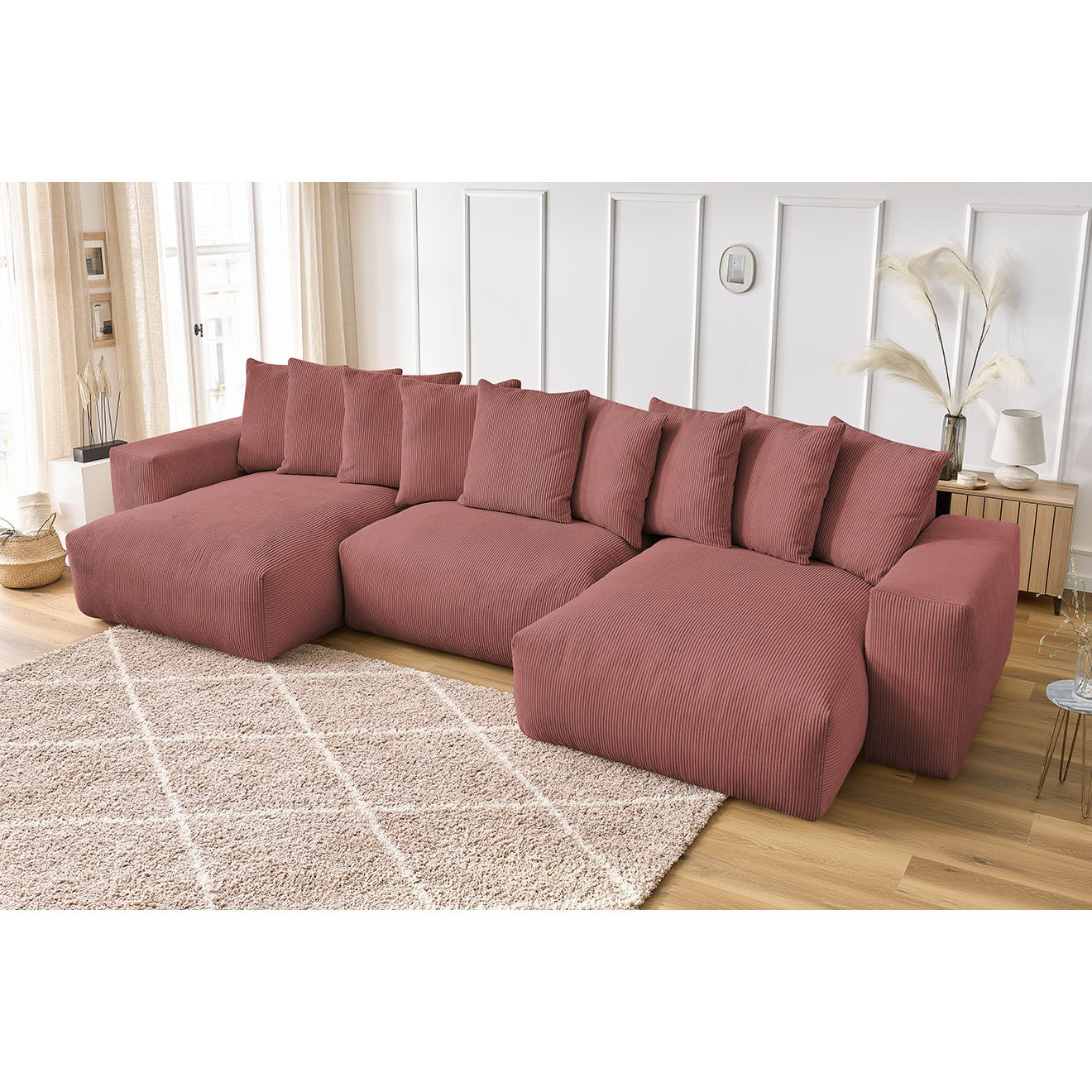Bobochic Canapé panoramique fixe ultra moelleux voltaire velours côtelé rose - 420x174x75 cm