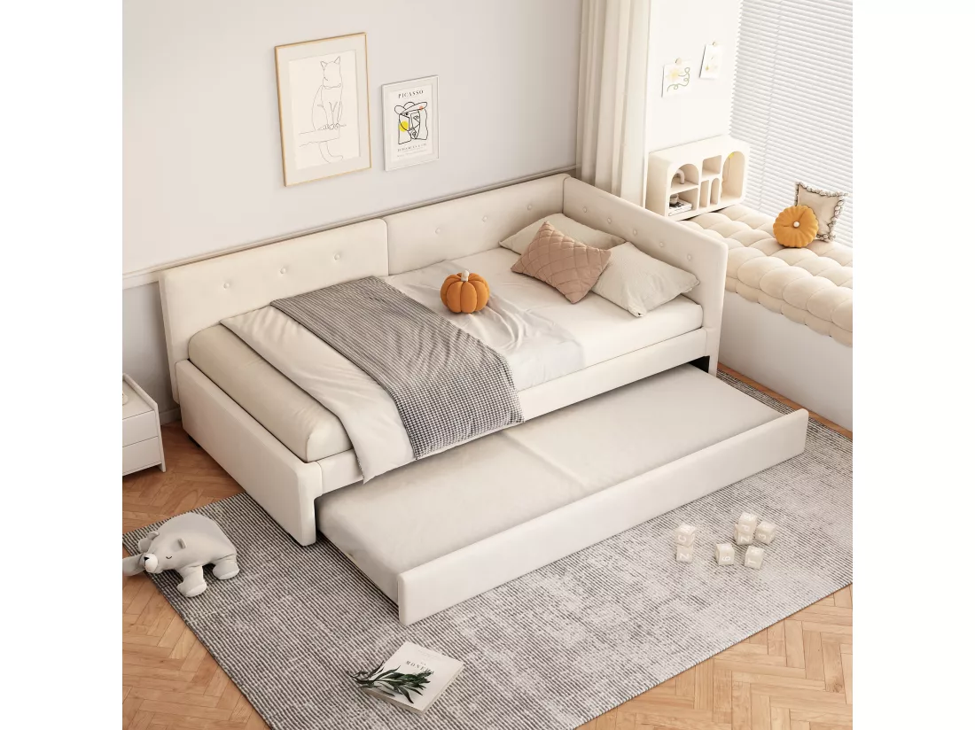 Lit banquette rembourré en velours 90x200cm + un lit gigogne 90x190cm - Beige