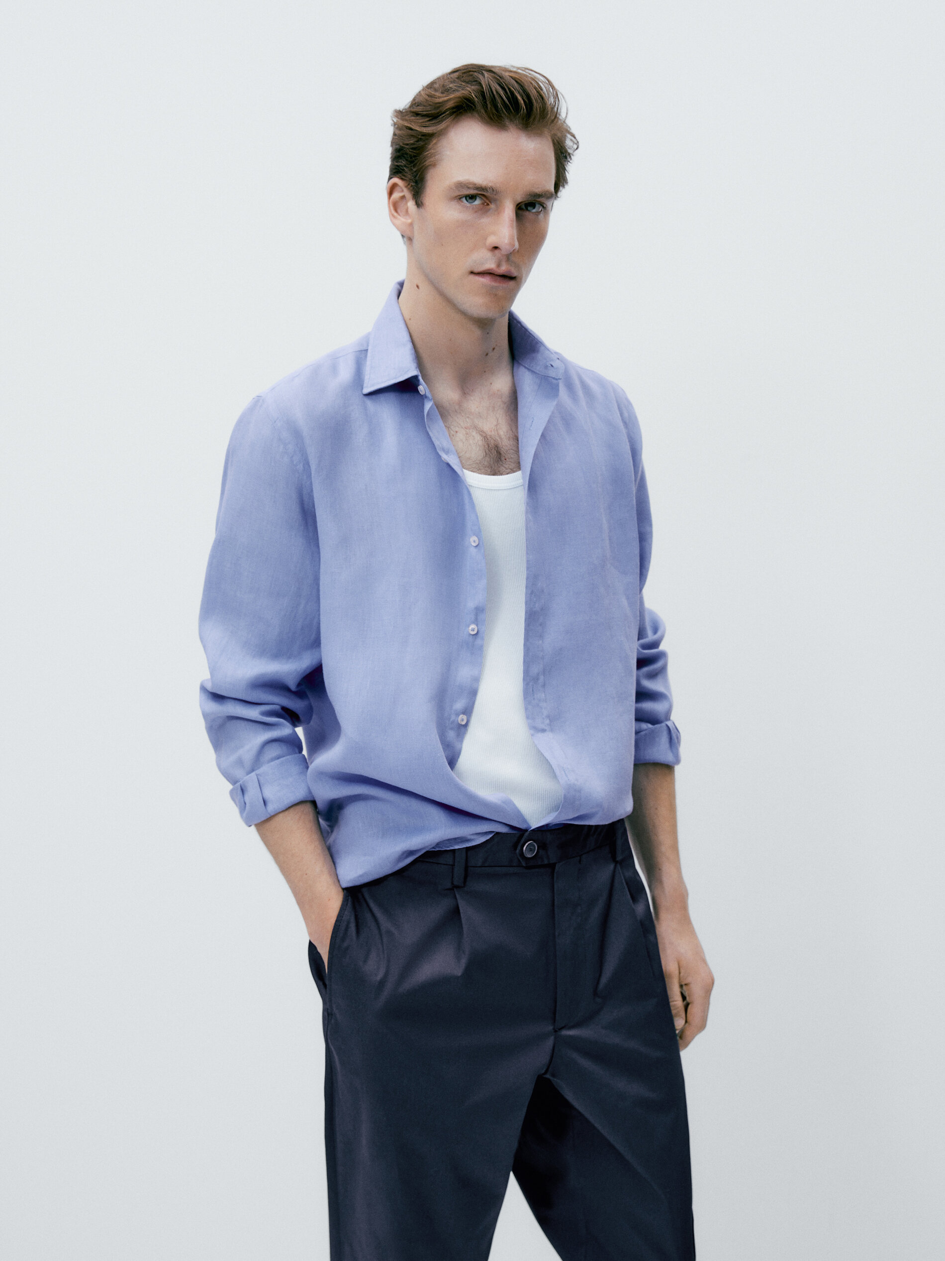 Camisa slim fit 100% linho - AZUL MÉDIO