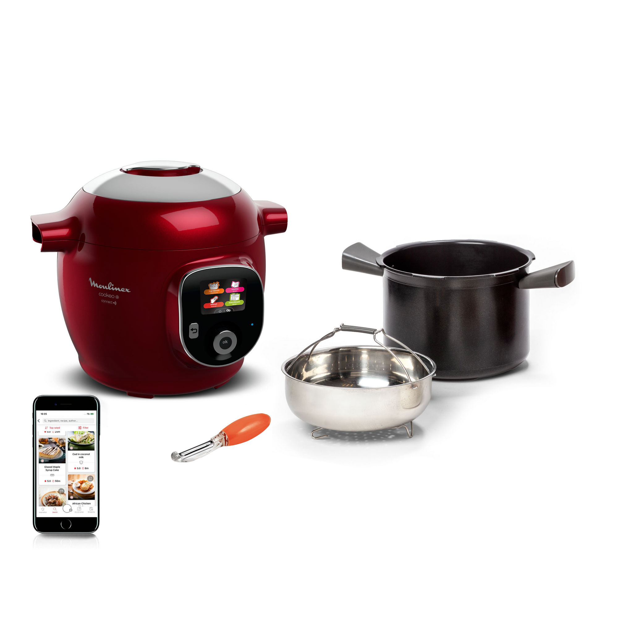 Cookeo+ Connect 200 recettes Rouge, avec éplucheur inclus