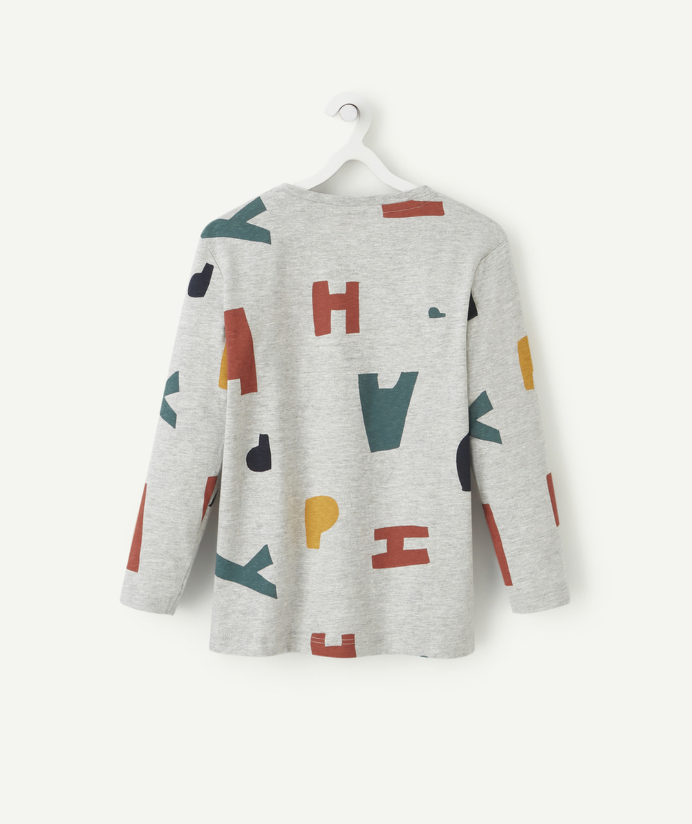 T-SHIRT GARÇON EN COTON BIO GRIS AVEC MOTIFS COLORÉS ET FLOQUÉS