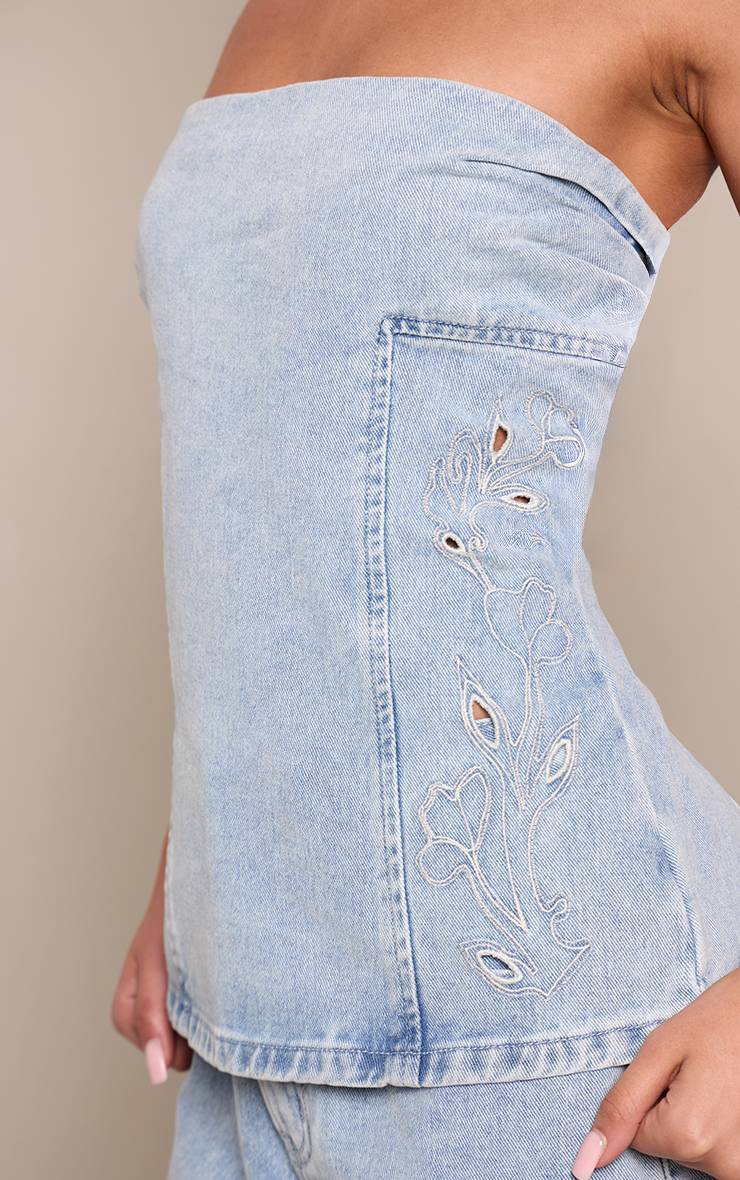 Mid Blue Wash Top Bandeau Long En Jean Bleu Moyen Avec Détails Brodés