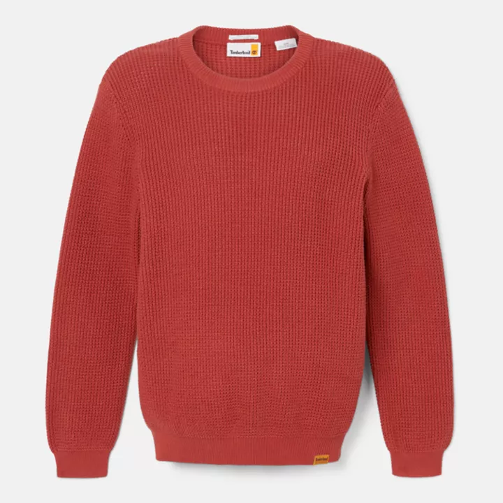 Suéter masculino de gola redonda com pregas na frente, na cor vermelha.