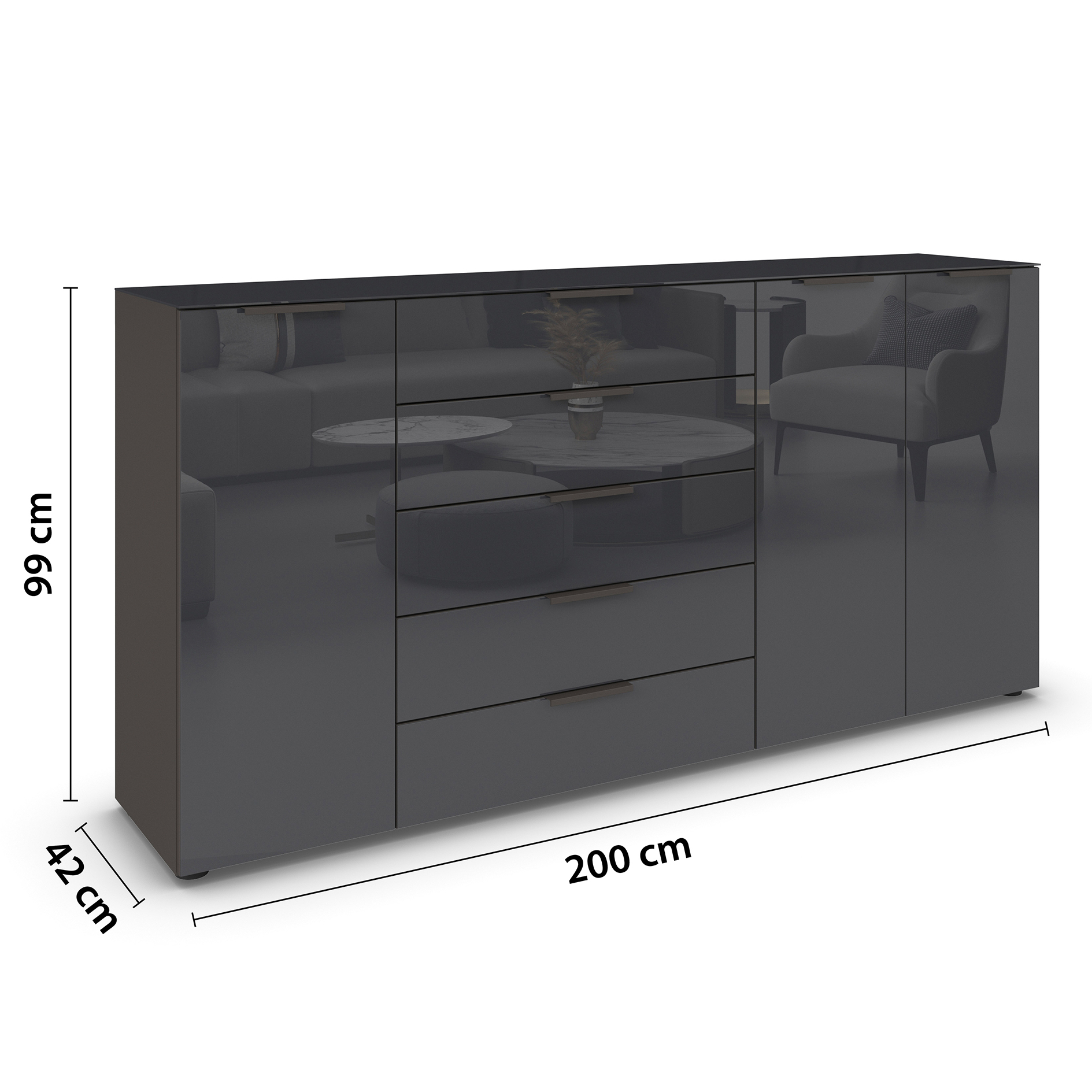 Kommode - graphit-Basaltglas - Graphitgriffe - 199 cm