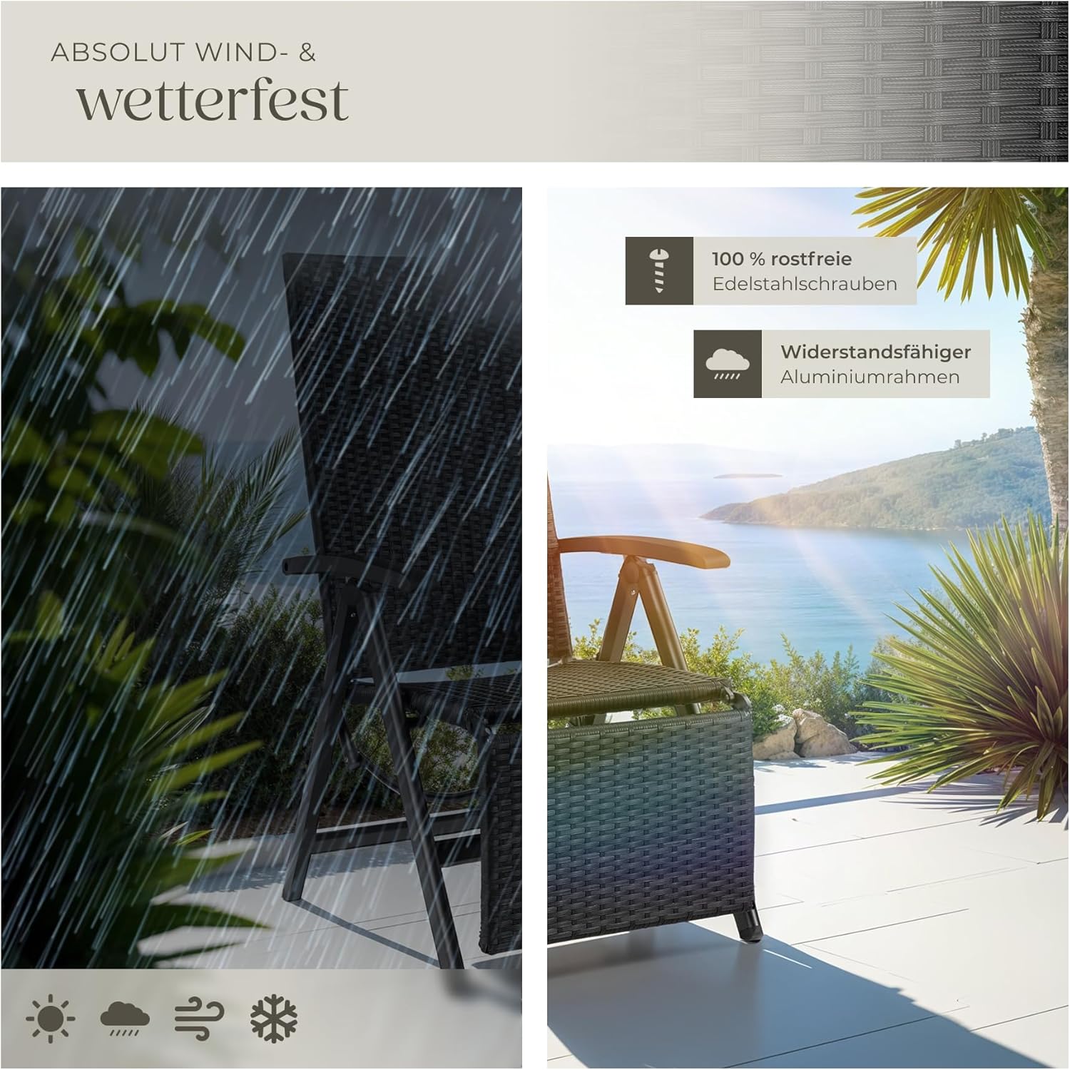 tectake® Alu Polyrattan Gartenstuhl mit Armlehnen, Campingstuhl mit 6-Fach Verstellbarer Rückenlehne, klappbar, Relaxsessel mit Liegefunktion, wetterfest, Klappstuhl mit Fußablage - schwarz