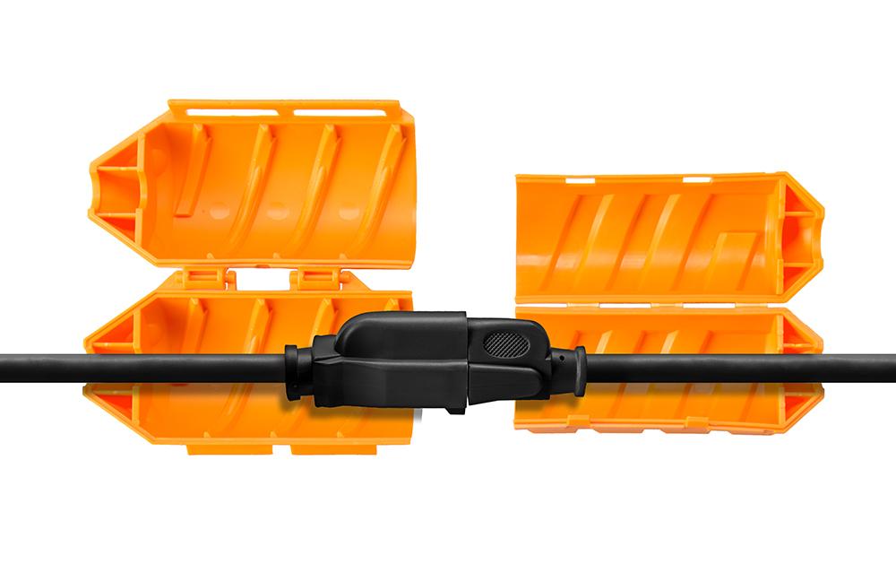 JerkStopper Extension Lock OrangeSchützt die sensiblen Verbindungen und Anschlüsse von Kabeln