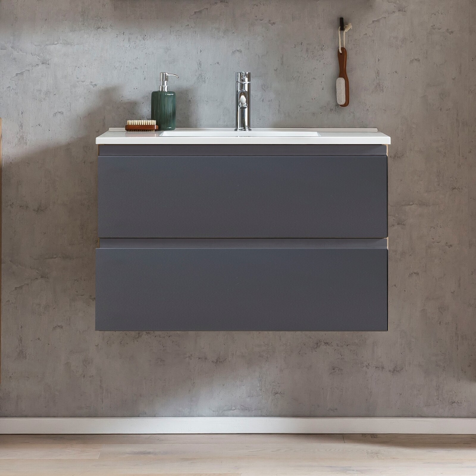 Waschtisch - Wotaneiche - grau matt - Mineralguss - 80 cm