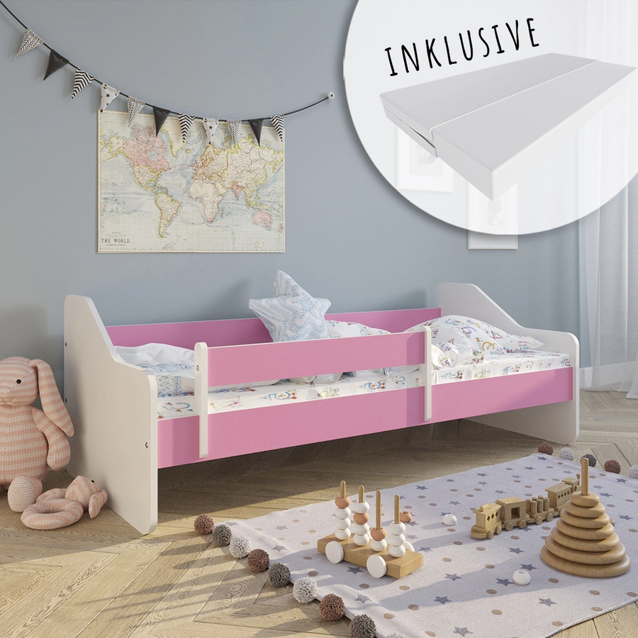 Kids Collective Kinderbett 80x160 | 80x180 cm mit Rausfallschutz & Lattenrost pink mit Matratze