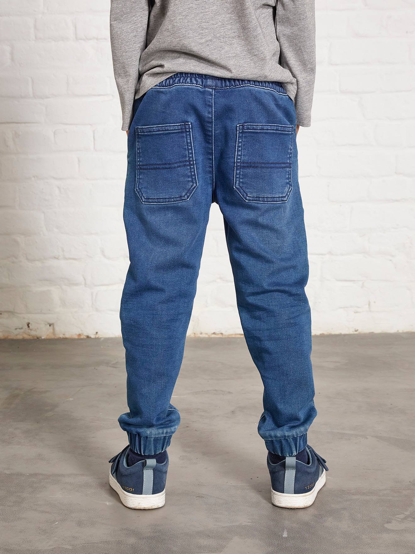 Calças de moletom azul-escuro com efeito fleece, fáceis de vestir, para meninos, com efeito jeans.