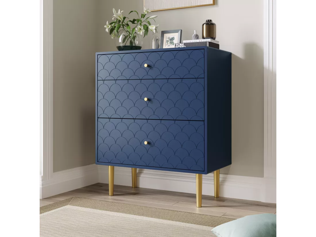 Commode avec 3 tiroirs, Buffet, Bois massif + panneaux de particules, Bleu marine - H89/L75/P40 cm
