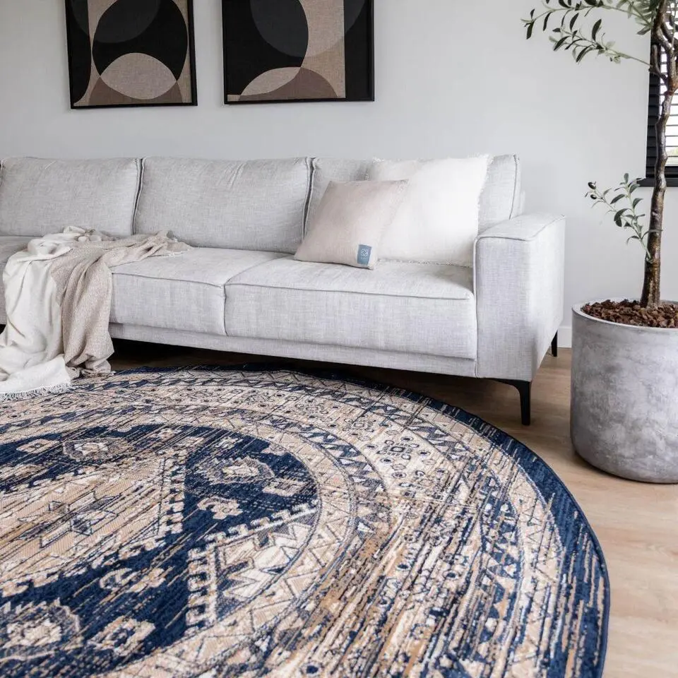 Interieur05 rond vintage vloerkleed Aila blauw - 120 x 120 cm