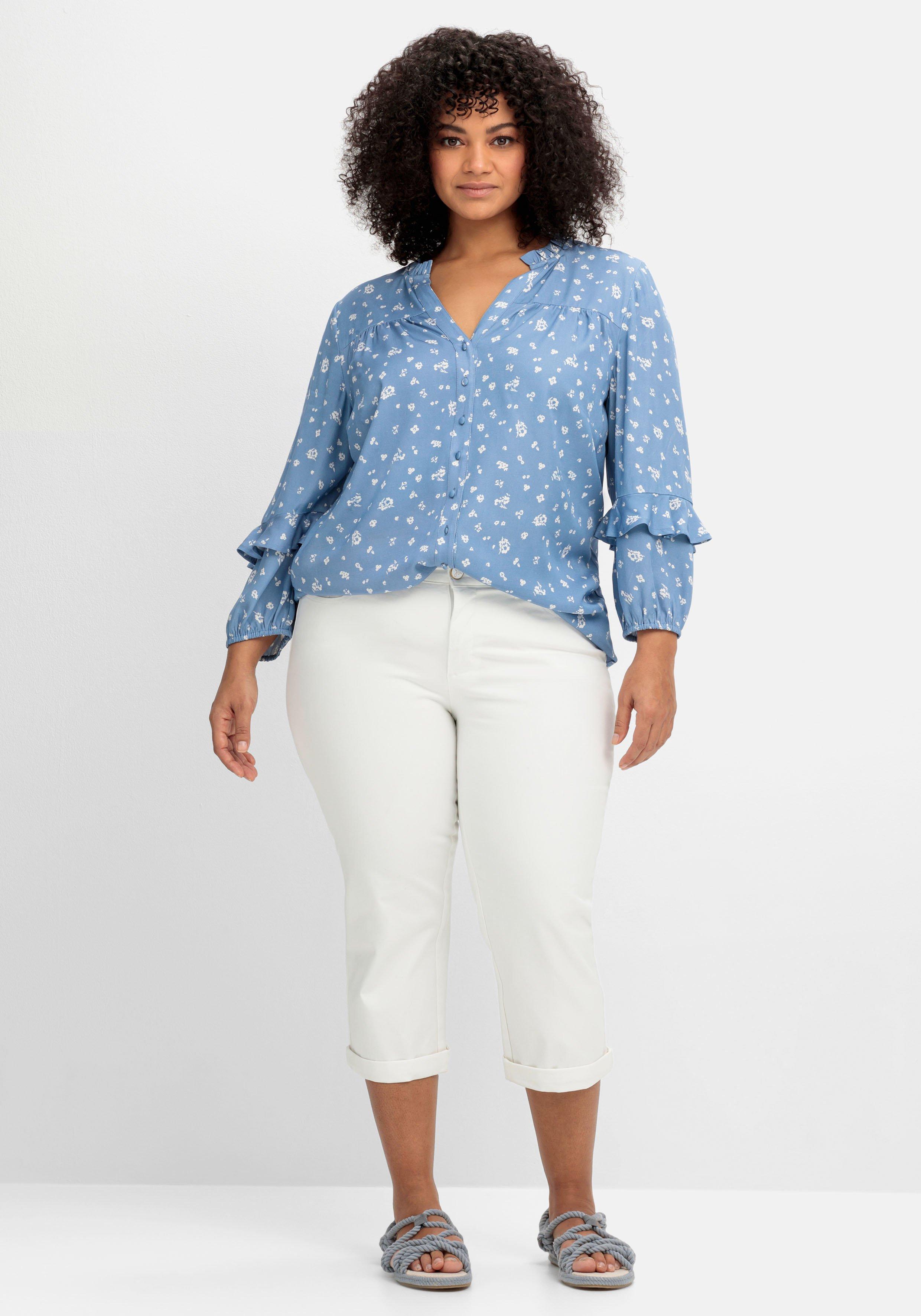 Twill-Bluse mit floralem Druck und Rüschendetails