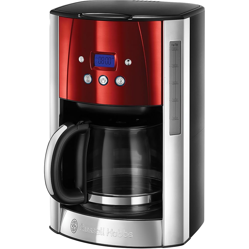 Russell Hobbs Cafetière [Technologie WhirlTech-extraction optimale] Luna rouge (1000W,Verseuse en verre 1,5L, 12 tasses, Programmable, Minuteur digital, Auto-Nettoyante) Machine à café filtre 23240-56 : Cuisine et Maison