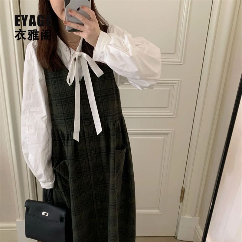 Secolo - Blouse met lange mouwen en strik / Geruite midi-jurk met V-hals en A-lijn