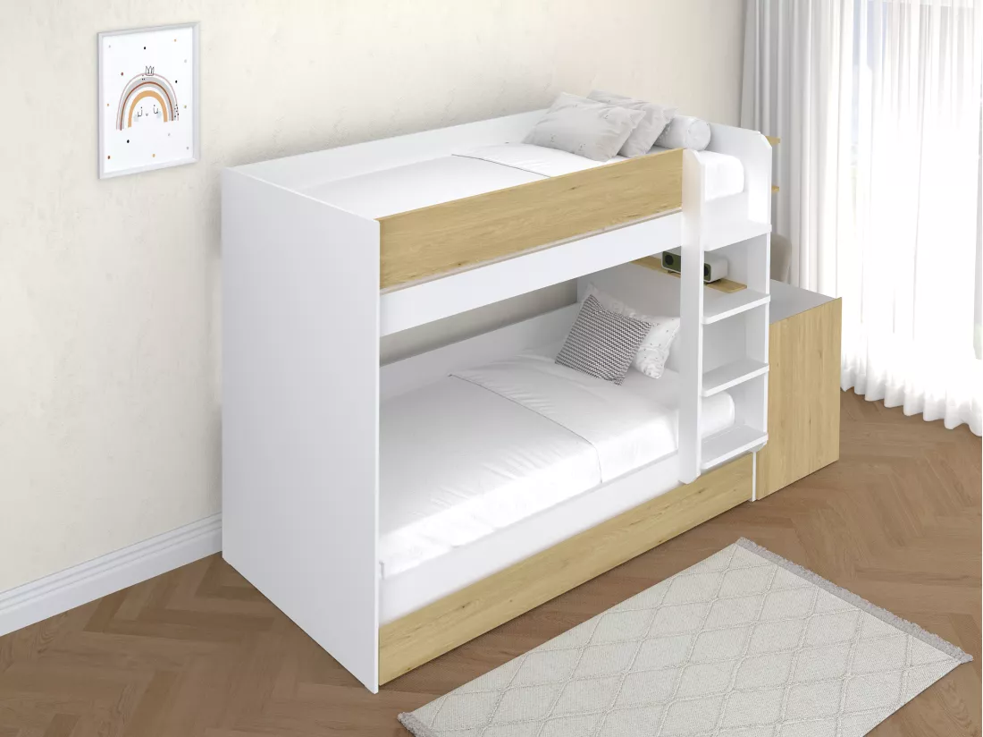 Lit superposé avec tiroir lit gigogne et 2 bureaux 3 x 90 x 190 cm - Coloris : Blanc et naturel - DOMATI