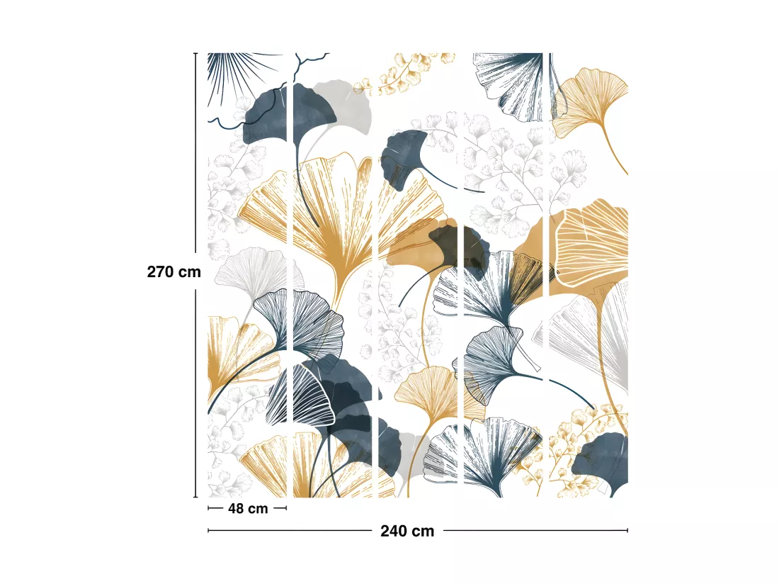 Papier Peint Panoramique L240xH270cm - Gingko Ocre et Bleu - Papier intissé 150gr/m2