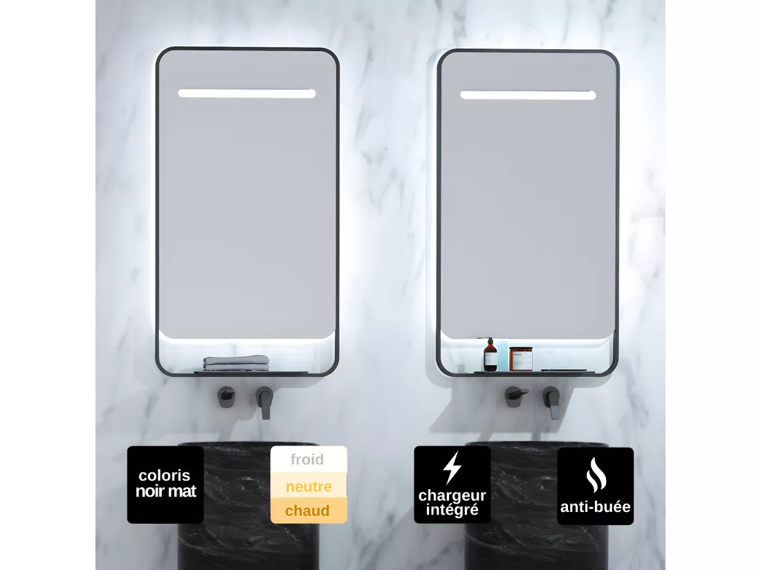 Miroir Salle de Bains Lumineux CONCEPT Anti-Buée et Éclairage Périmétral Triled Chargeur Induction Noir Mat 80x90cm LEDIMEX by SANIZÉO