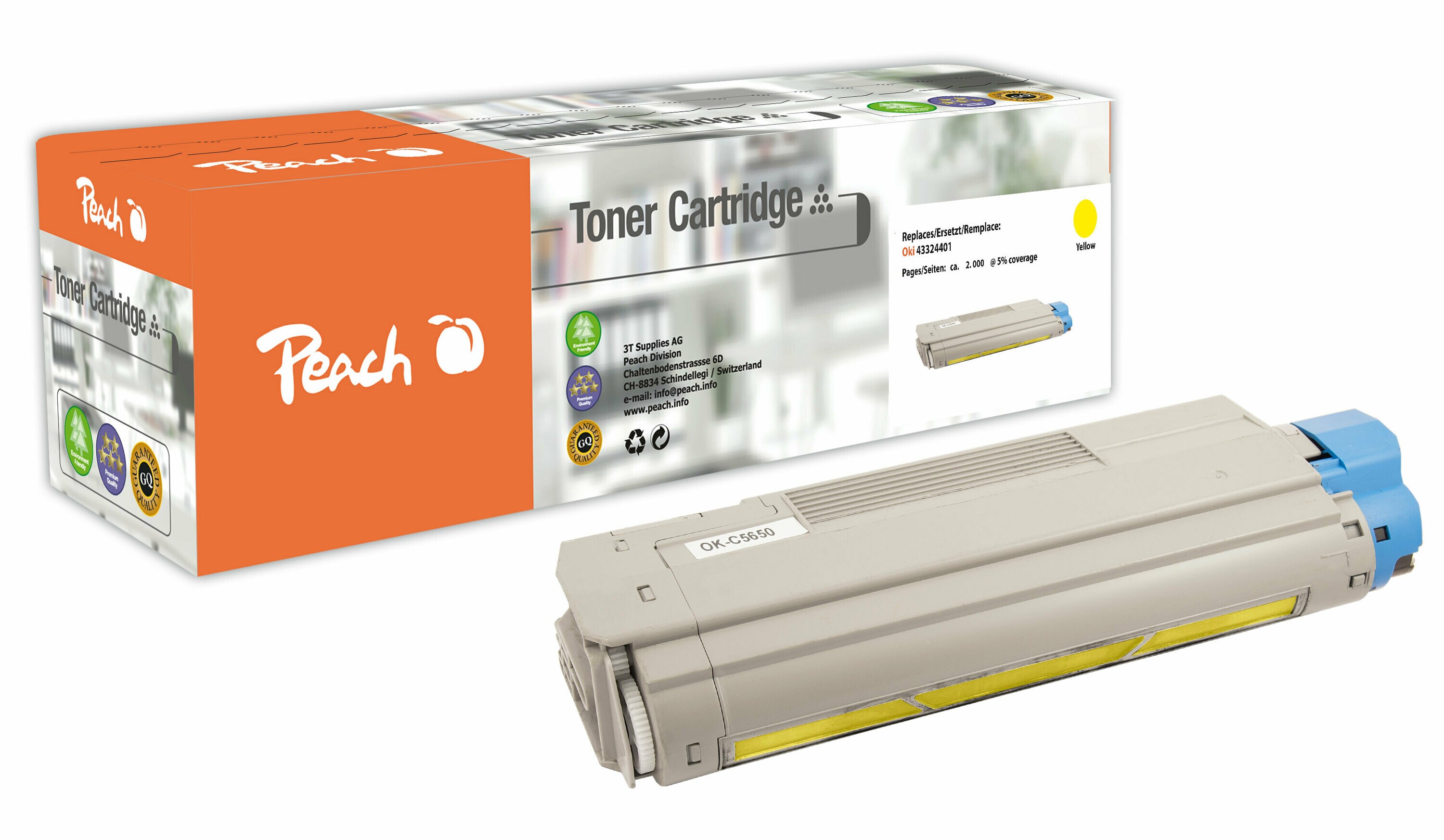 Peach O4386/87/36/85 Toner ye ersetzt OKI 43872305 für z.B. OKI C 5650, OKI C 5650 DN, OKI C 5650 N, OKI C 5750, OKI C 5750 DN, OKI C 5750 N (wiederaufbereitet)