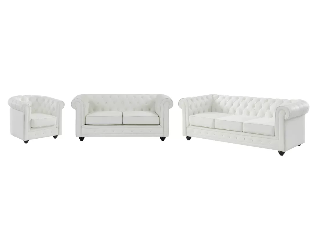 Canapés 3 places, 2 places et fauteuil en simili blanc CHESTERFIELD