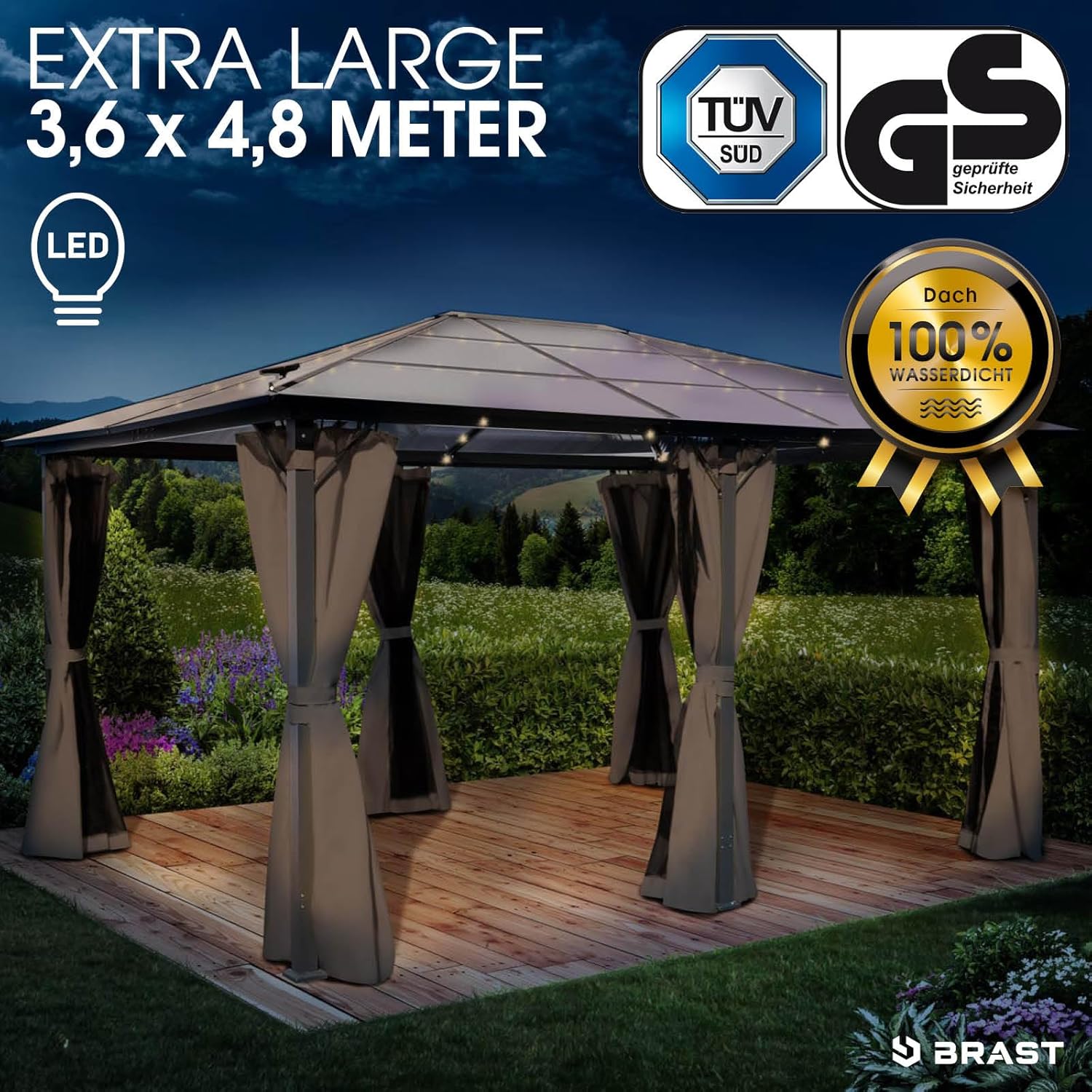 BRAST® Alu Pavillon Premium | viele Modelle & Farben | Größen 3x4m 3,6x4,8m | inkl. Moskitonetz + LED | TÜV geprüft | wasserdicht | UV-Schutz | festes Dach | 3,6x4,8m Grau LED