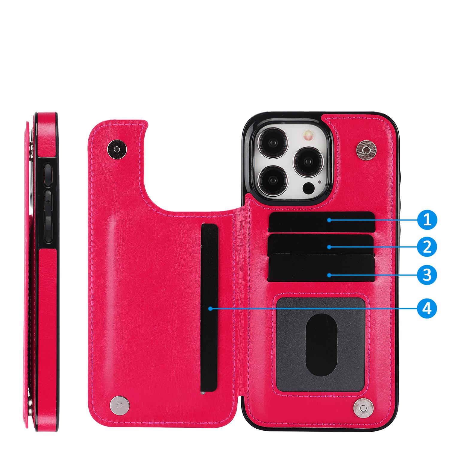 iPhone 15 Pro Max Hybrid Leder Hülle mit Kartenfach   Kickstand Aufsteller - Pink