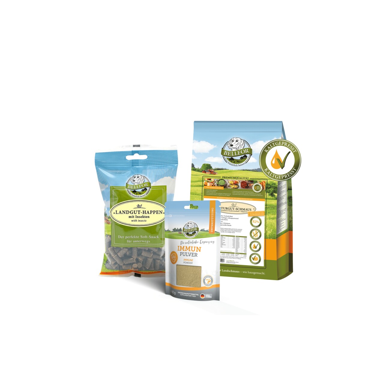 Bellfor Spezielles Futterset für große Hunde mit Leishmaniose - Naturgut-Schmaus 4 kg + Landgut-Happen 200 g + Immun 80 g