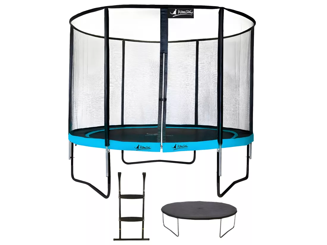 Kangui - Trampoline de jardin rond 305 cm + filet de sécurité + échelle + bâche de protection | PUNCHI Bleu 300