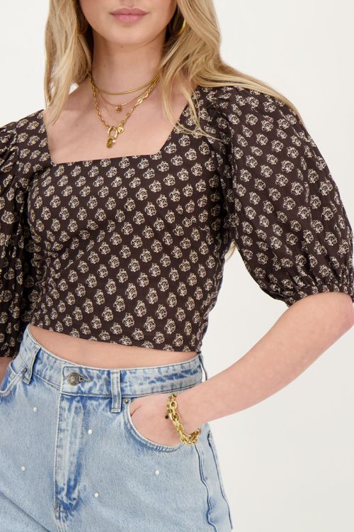 Donkergrijze smock top met ornament print