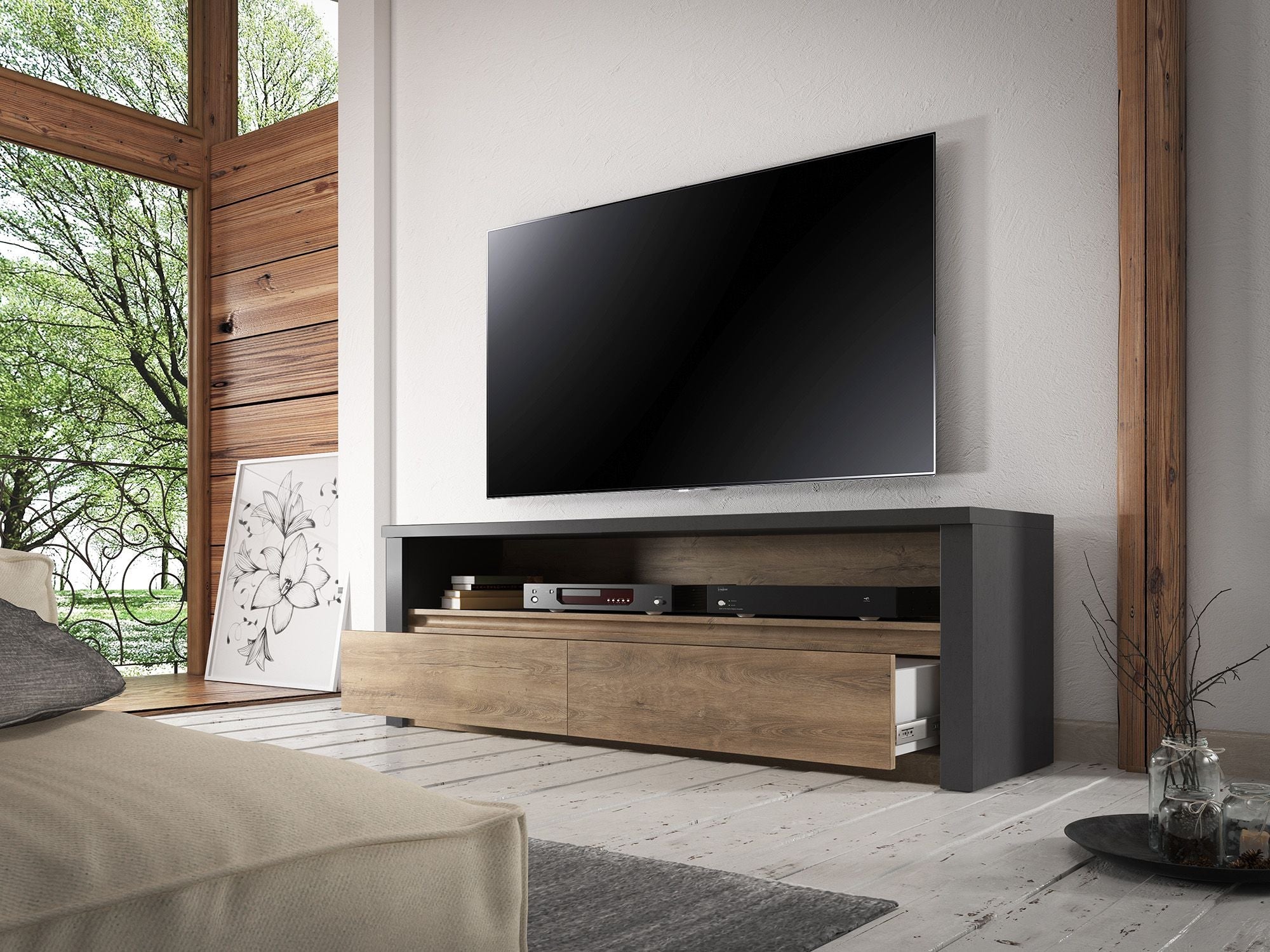 Meubella - TV-Meubel Monaco - Eiken - Grijs - 130 cm