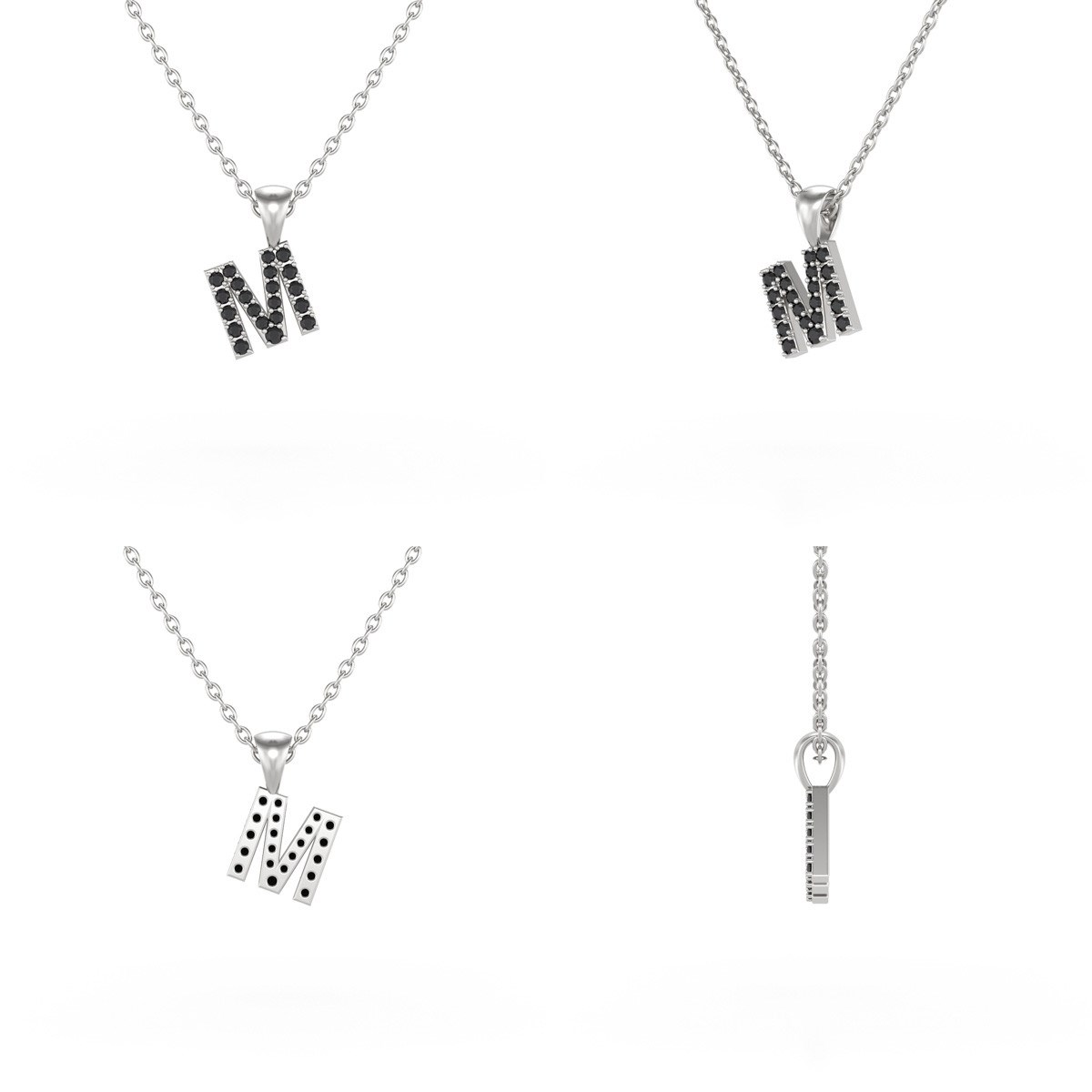 Collier Pendentif ADEN Lettre M Or 750 Blanc Diamant Noir Chaine Or 750 incluse 0.72grs