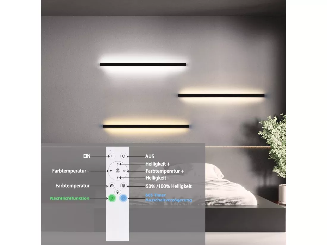 NETTLIFE Applique murale LED pour intérieur, noir, variable, 100 cm, moderne, 15 W, lampe de couloir, éclairage mural