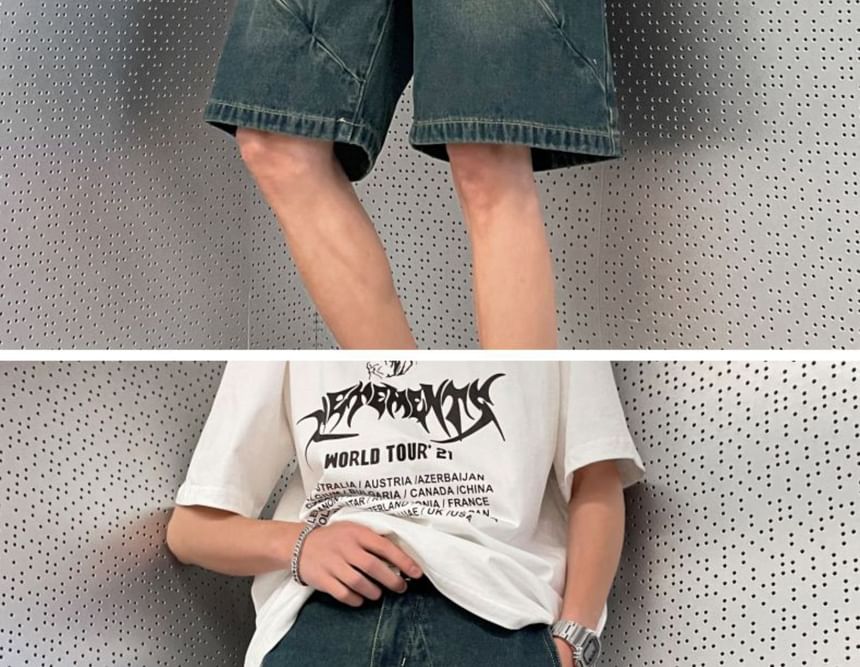Phoneus - Mid Rise Washed Panel Denim Shorts