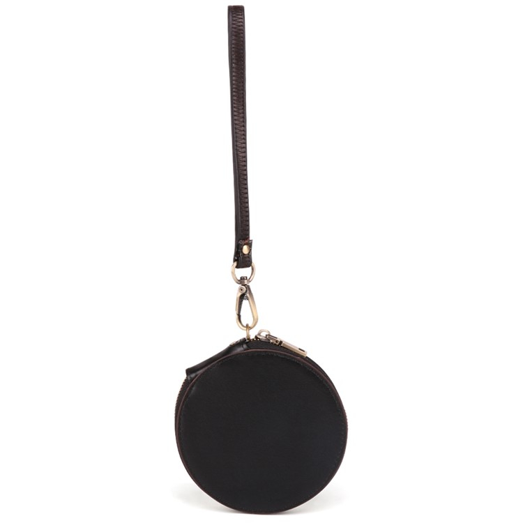 (Ø115mm) Leder Münzen Geldbörse Vintage Geldbeutel Portemonnaie mit Handschlaufe - Schwarz
