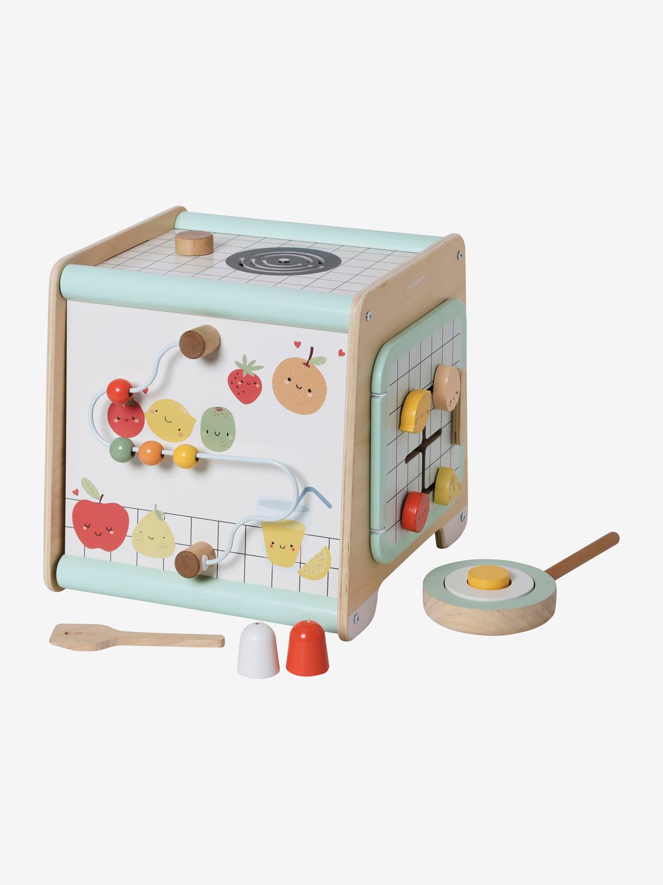 Cubo de atividades de cozinha de brinquedo em madeira lisa bege claro com certificação FSC® e motivos.