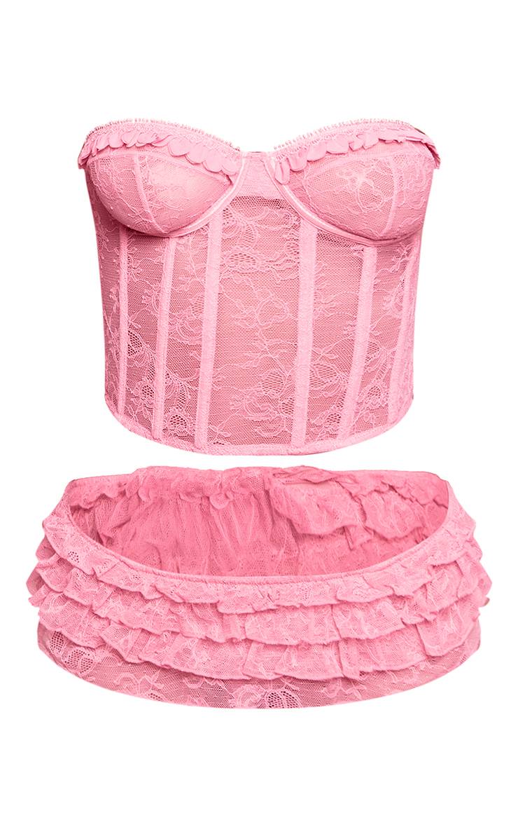 Rose Poudré Ensemble Corset En Dentelle Avec Détails De Bordure Et Culotte À Volants