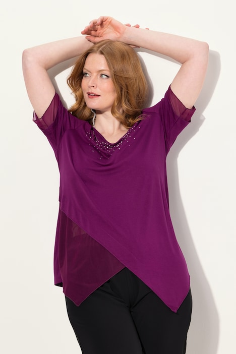 Bluse, Layering-Look, Mesh/Jersey, Zipfelsaum