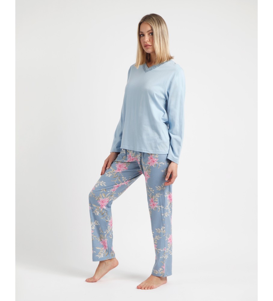 Pijama de manga comprida Admas com flores rosa e azul
