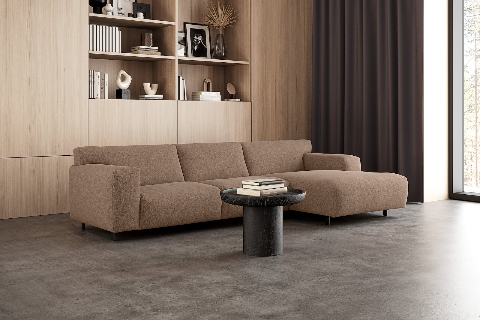 Vesta 2,5-seter med sjeselong høyre I Tekstil Marsel Bronze, standardsøm, sort metallben 10 cm, Comfort CM