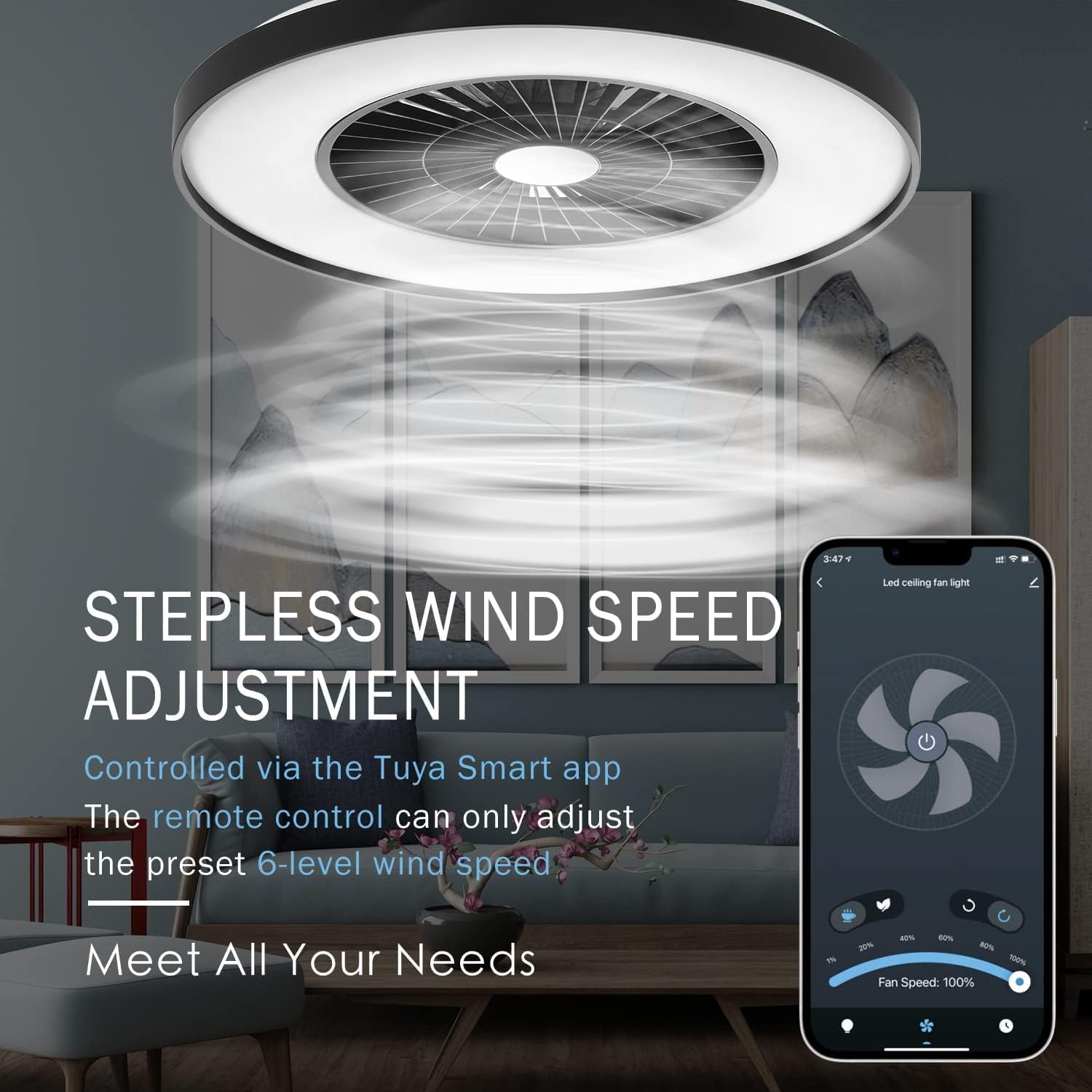 moderne RGB-LED-Deckenleuchte mit Ventilator Ø 60cm, RGB Deckenventilator mit Lampe, Stufenlos Lüftungsgeschwindigkeiten, mühelose Lichtdimmung, 3000-5500 K, Schwarz, 60CM