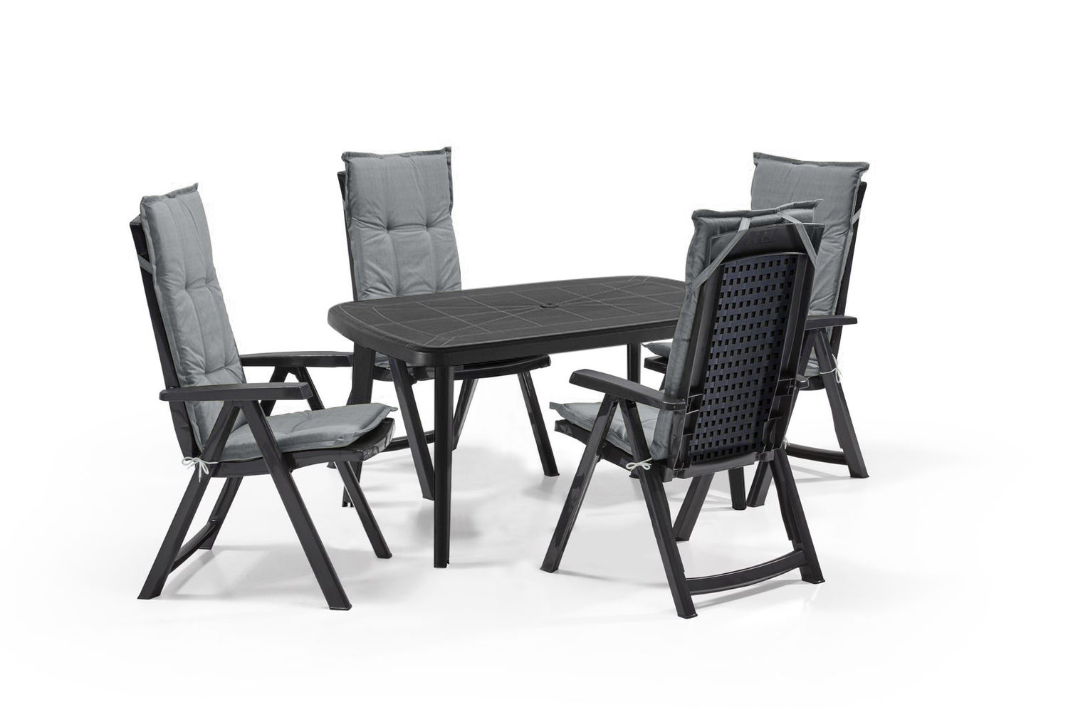 Shaf Milano 5-delige tuinmeubelset antraciet bestaande uit: 1 tafel en 4 klapstoelen met veiligheidsslot inclusief Madison kussen in grijs.