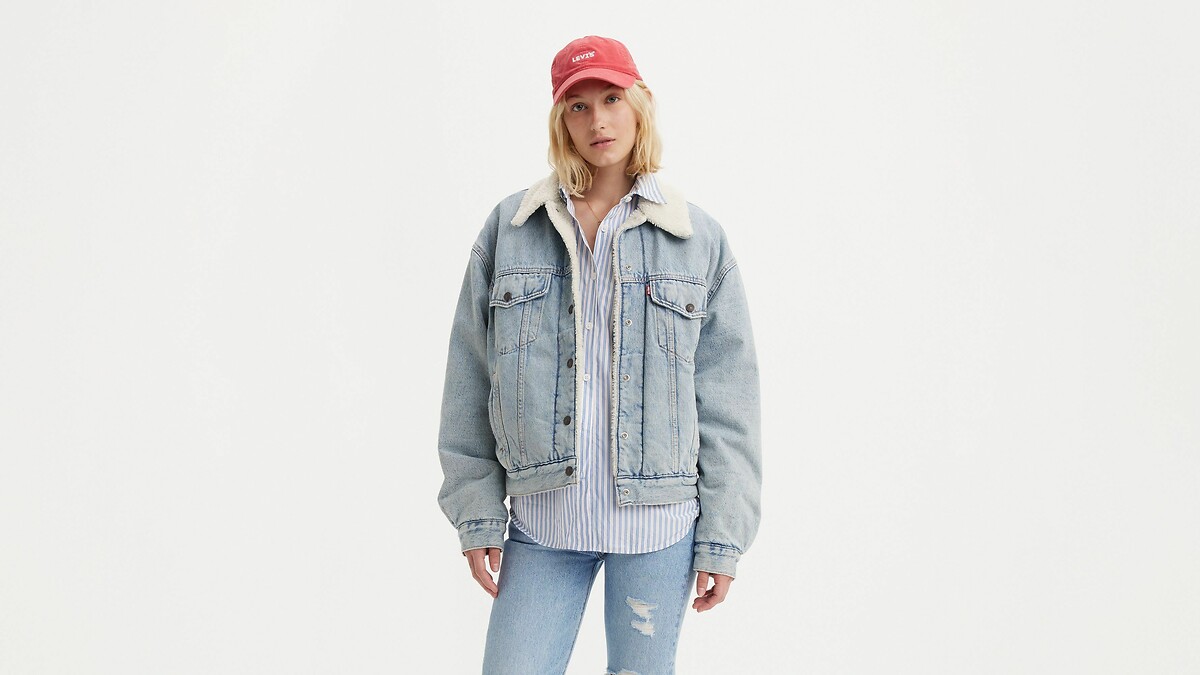 Cardigã Levi's anos 90 com forro de sherpa, modelo trucker.