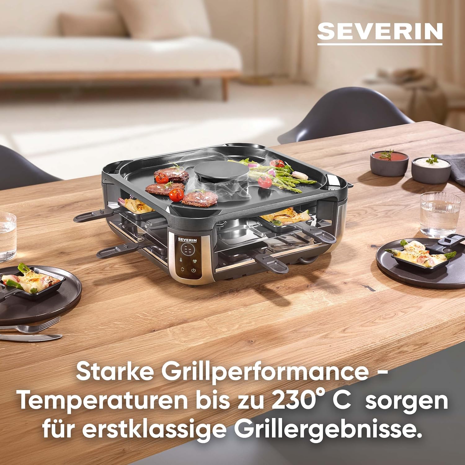 Severin S-Joy Sevento Raclette-Grill mit integriertem Umluft-Filter: weniger Rauch & Gerüche, Digital-Display, 8 Pfännchen & 8 Spatel, kratzfeste ILAG-Beschichtung, bis 230°C, 1900W, schwarz, RG 2350