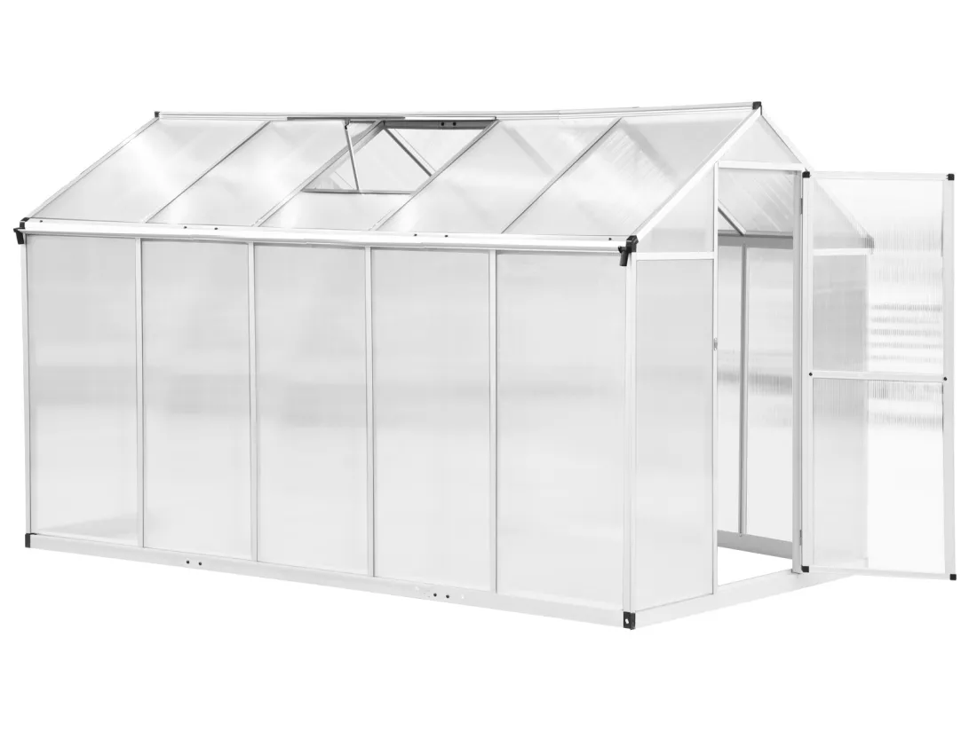 Serre de jardin aluminium polycarbonate 5,5 m² dim. 3,03L x 1,83l x 1,95H m fondation lucarne porte loquet