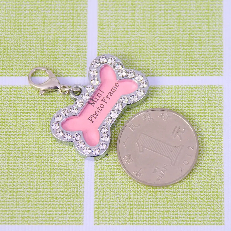 (40x24mm) Hunde Halsband Anhänger Glitzer Accessoire Fotorahmen im Knochen Design - Silber