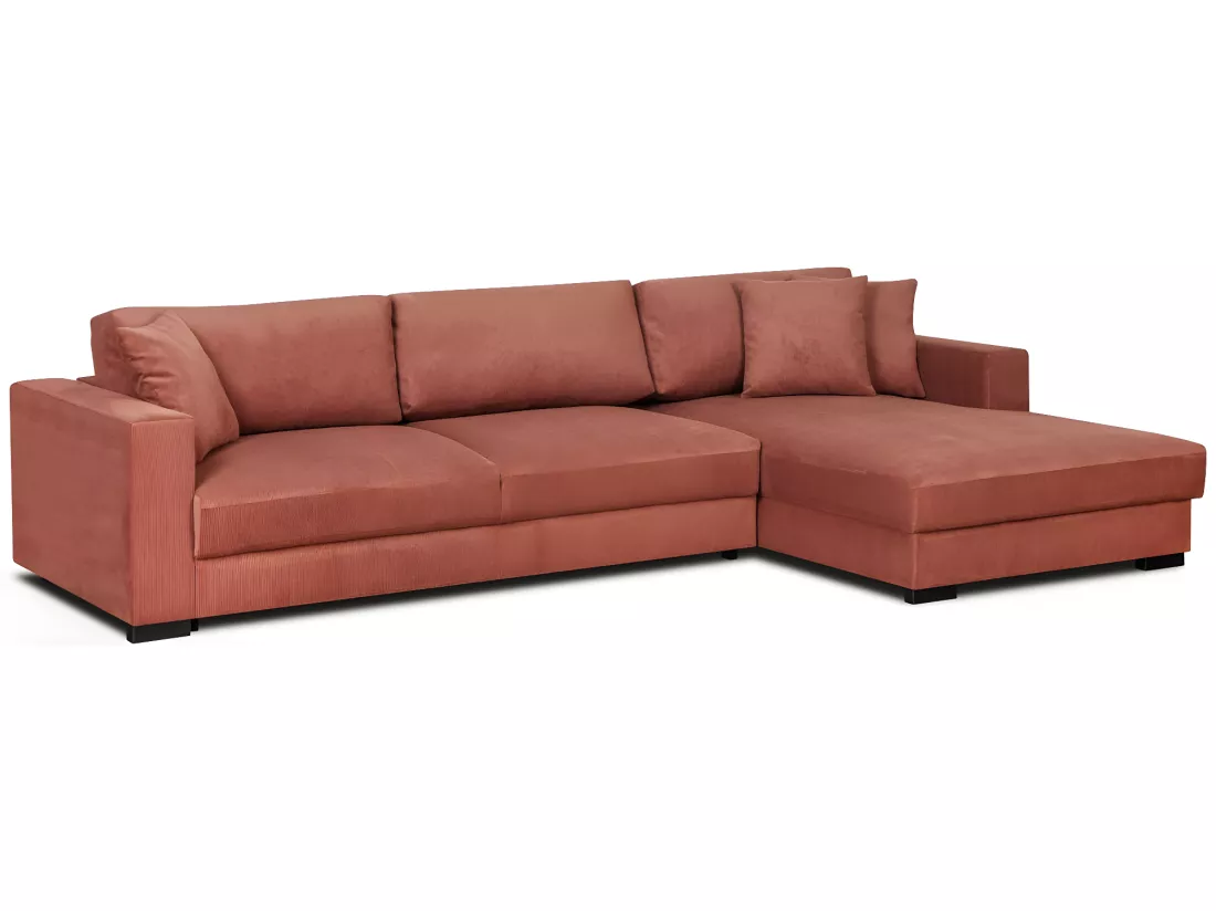 Canapé d'angle à droite convertible 5 places en velours côtelé terracotta avec coffre de rangement - Robin