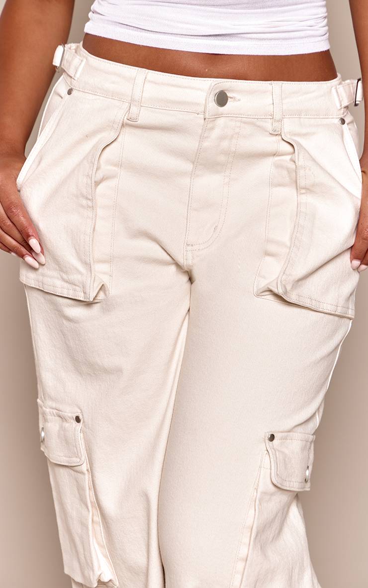 Ecru Jean Cargo Droit Taille Ajustable En Denim Stretch