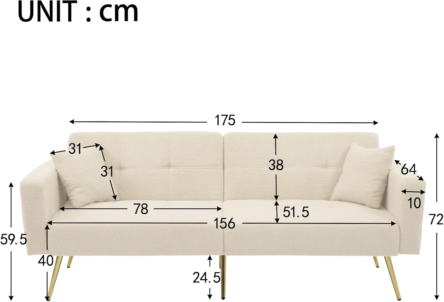 2-in-1 Schlafsofa Sofa Couch mit Schlaffunktion, Verstellbarer Rückenlehne, goldenen Beinen, mit Kissen (Beige)