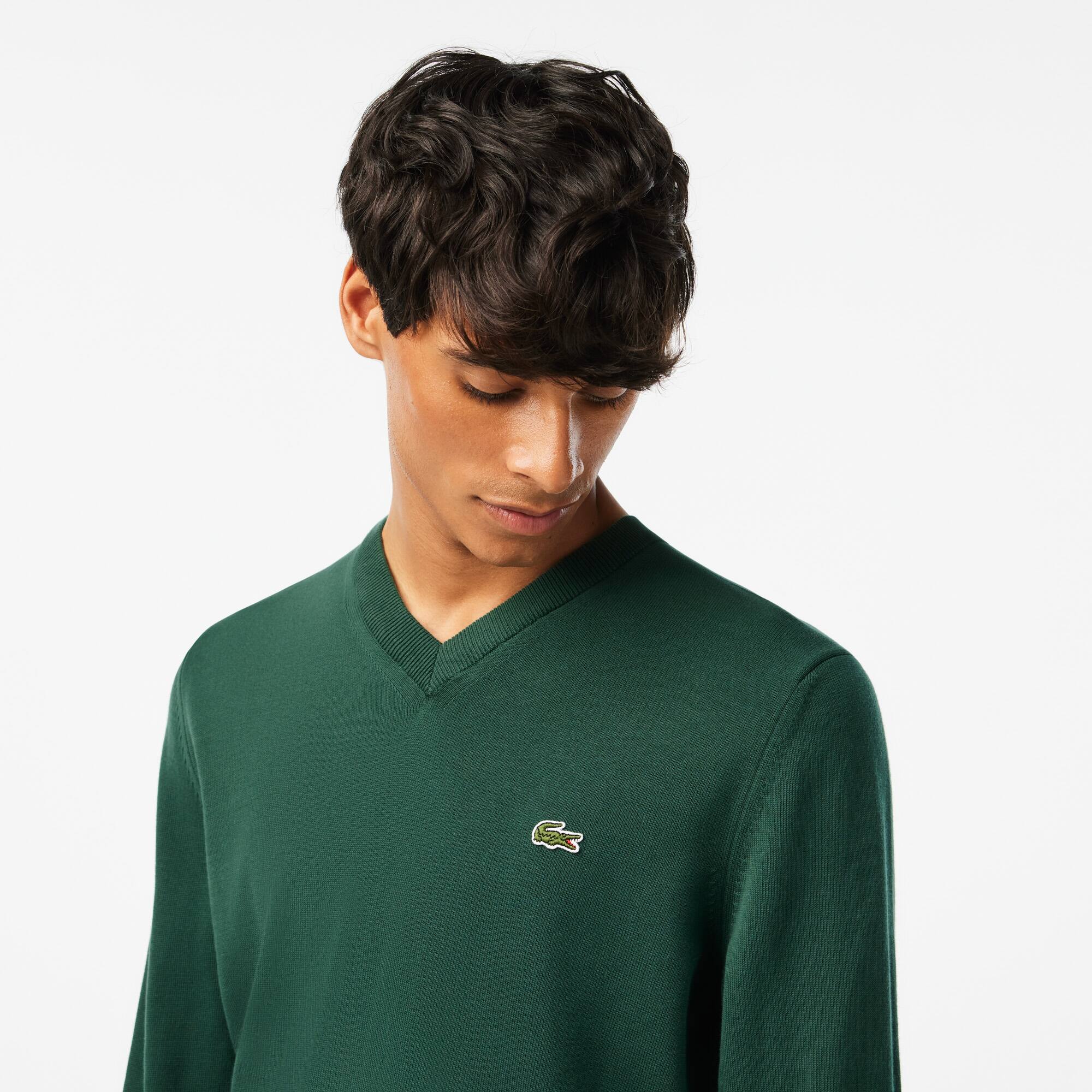 Pull à col V en coton biologique uni Pullovers - Vert - Lacoste - Homme