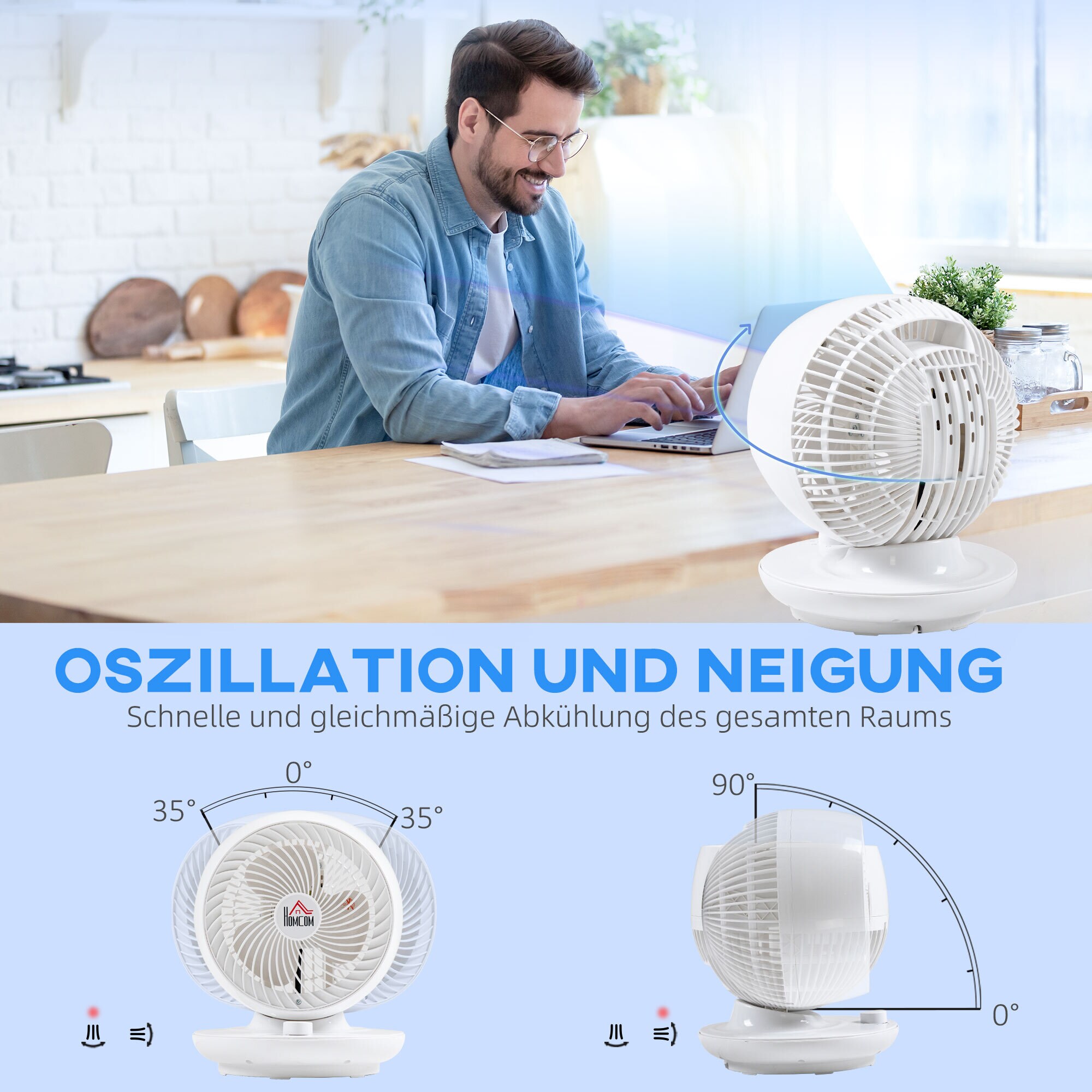 HOMCOM Standventilator mit 3 Geschwindigkeiten weiß 27L x 27B x 34H cm