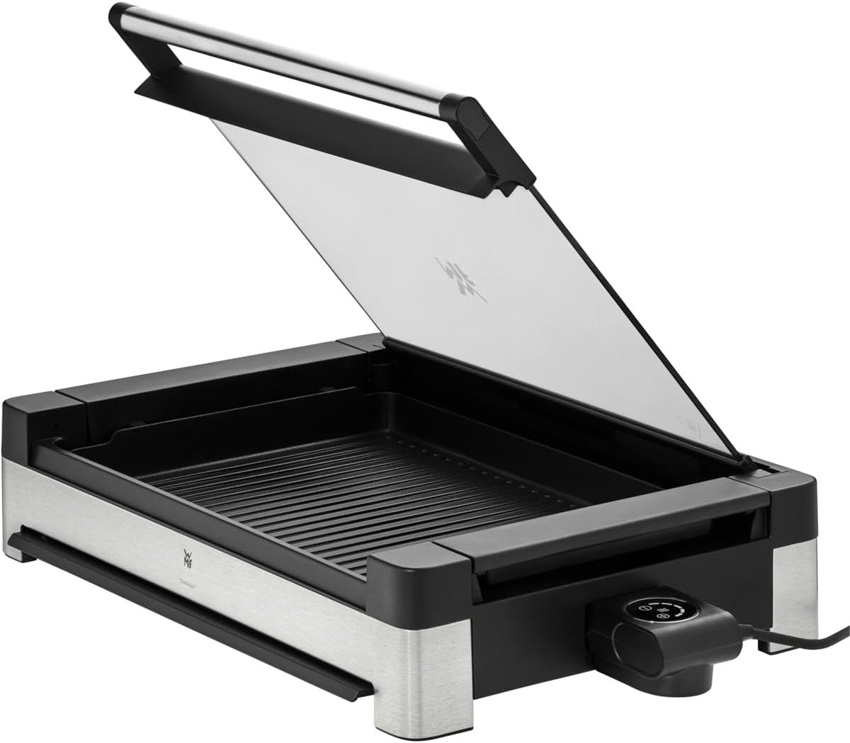 WMF Lono Barbecue électrique de table, en acier inoxydable mat, avec couvercle en verre, 2200 W, plaque de cuisson revêtue
